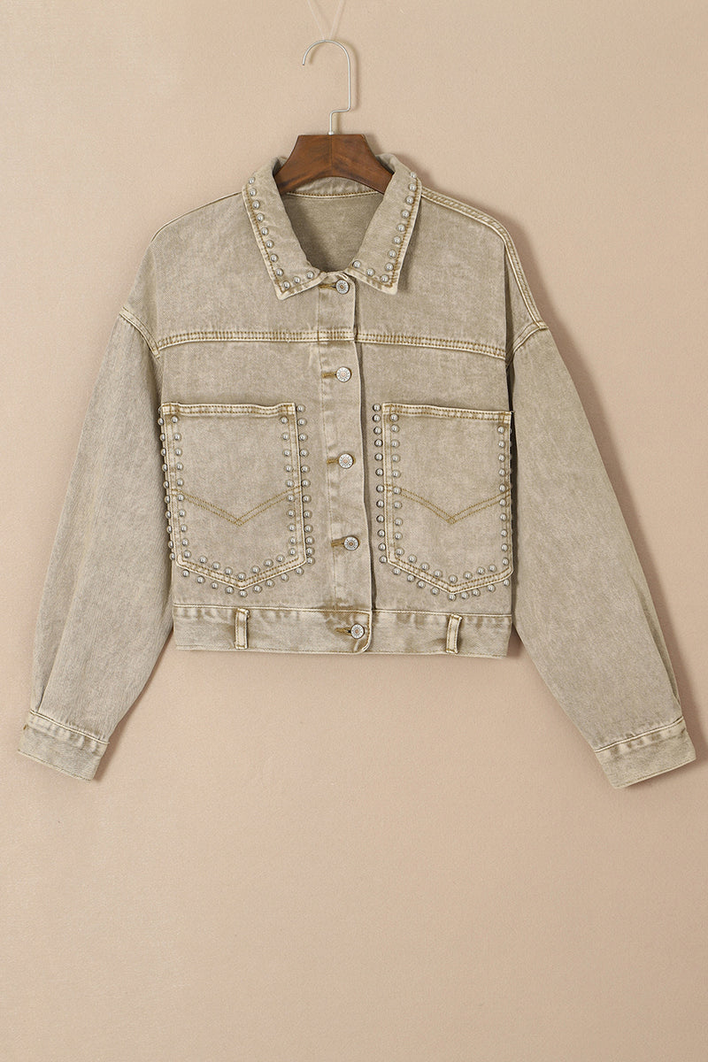 Studded Collared Neck Denim Jacket with Pockets