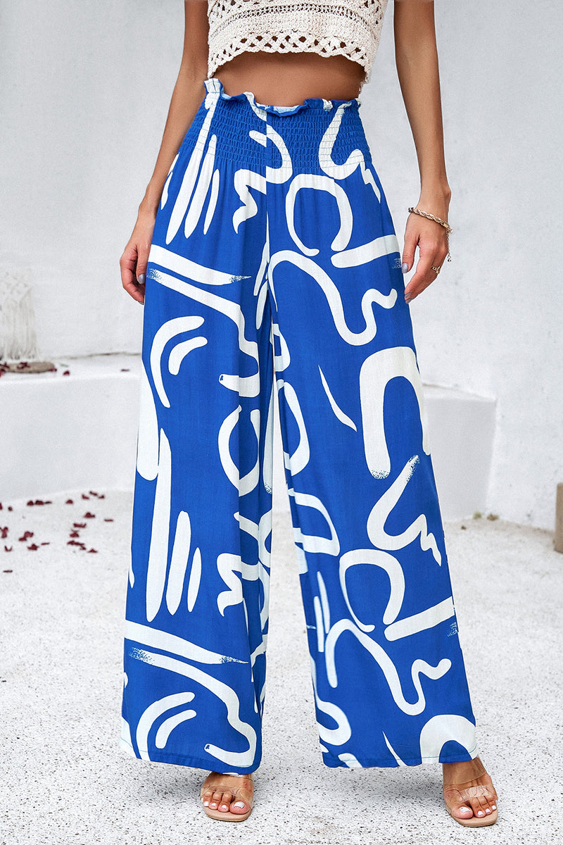 Smocked Printed Wide Leg Pants with Pockets