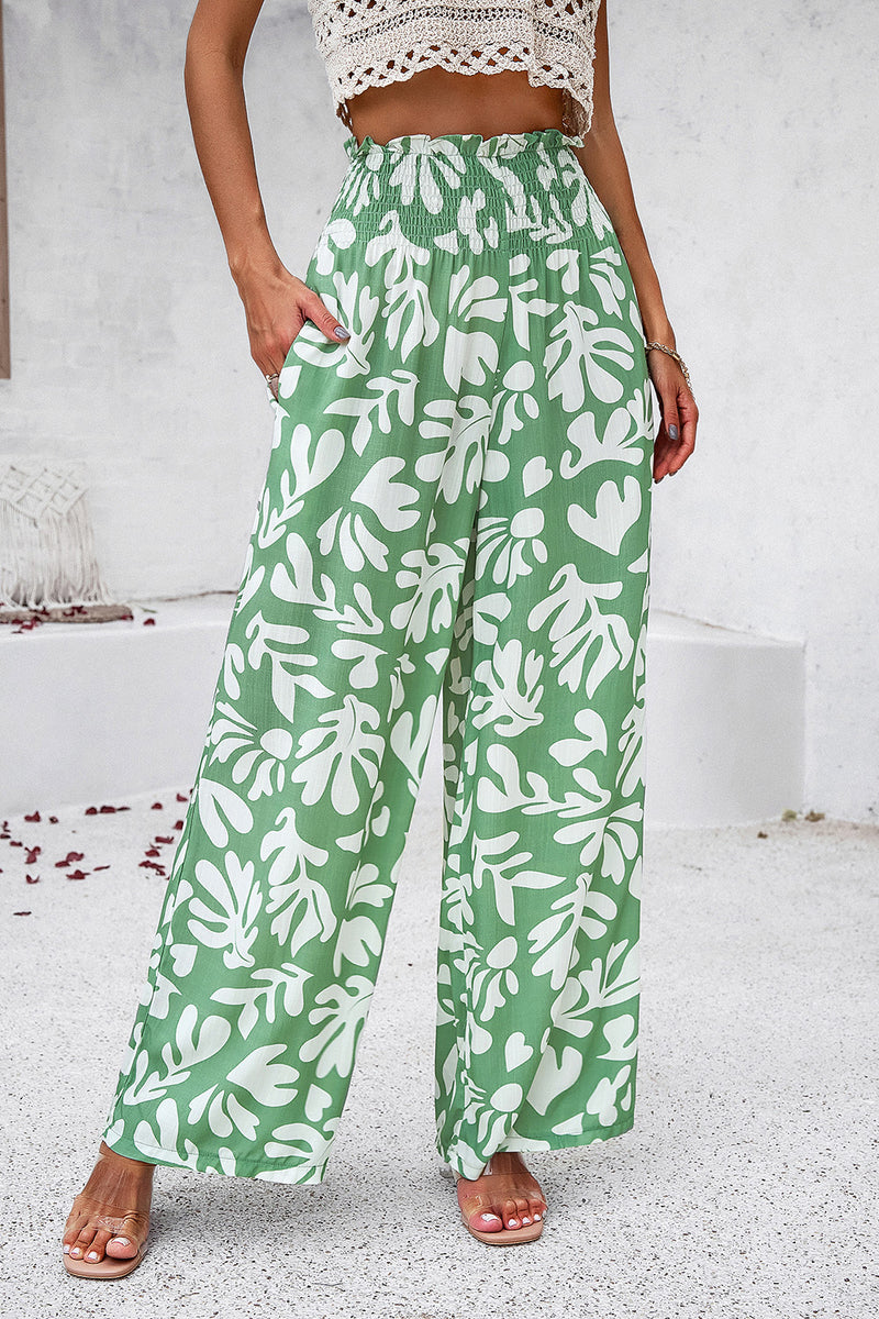 Smocked Printed Wide Leg Pants with Pockets