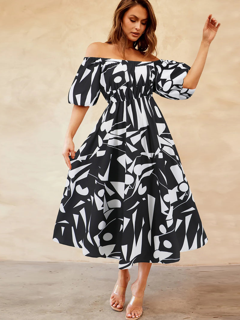 Printed Off-Shoulder Balloon Sleeve Dress